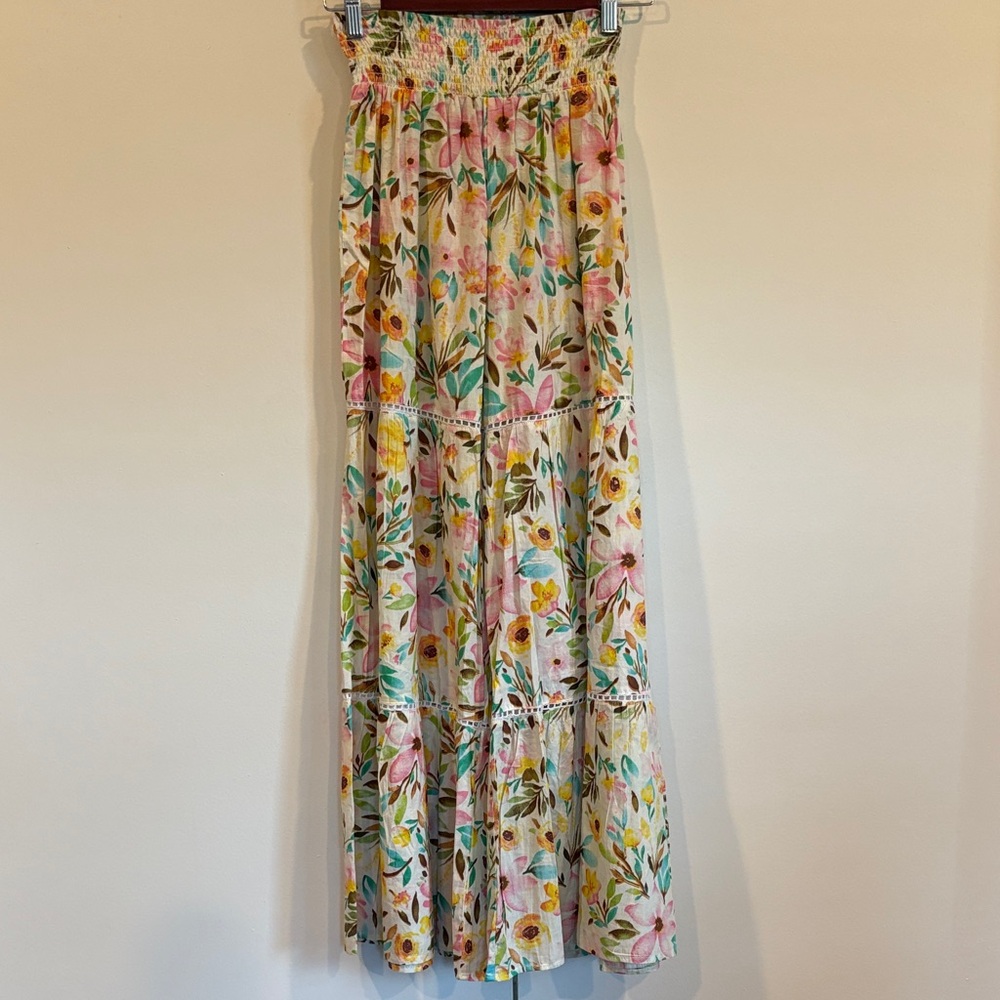 NEW Debbie Katz Lago Palazzo Floral Pants Tiered Wide Leg 100% Cotton Boho M